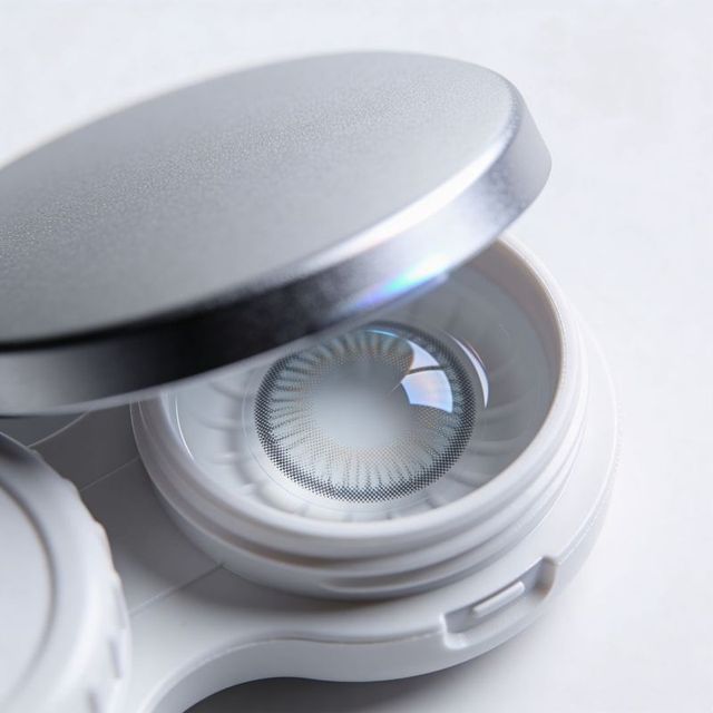 Contact lens resting in ridged white case with silver lid, macro radial pattern