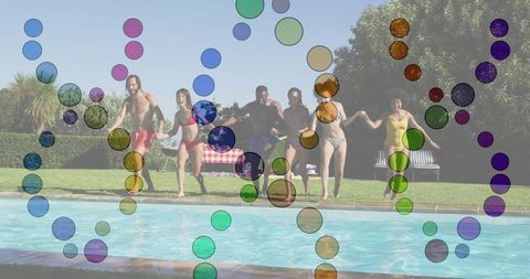 Diverse Friends Laugh and Jump into Pool on Sunny Day