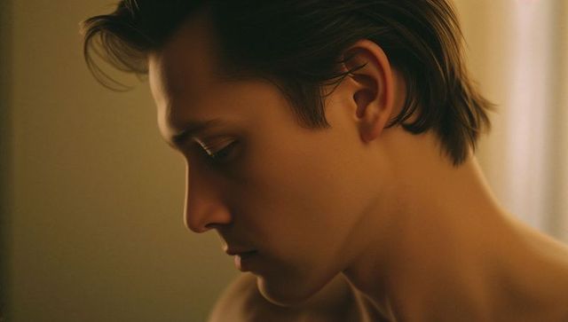 Gazing young man profile portrait with warm amber curtain light and bare shoulders