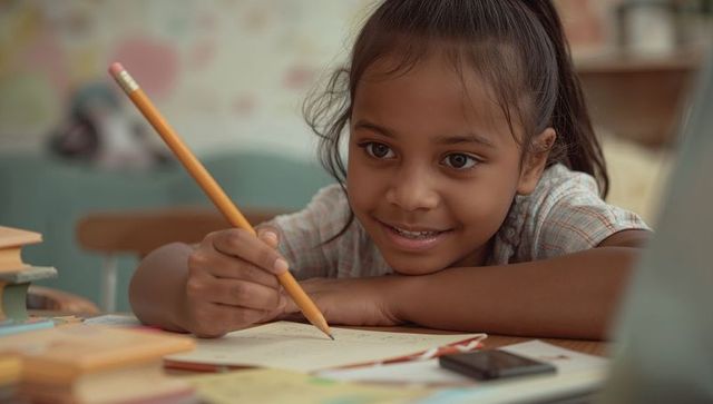 Smiling schoolgirl leaning over desk writing homework with pencil, focusing on learning