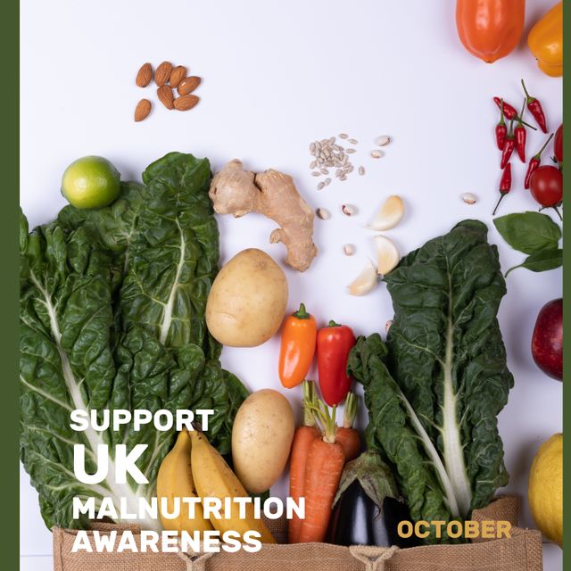 Focusing on raising awareness about malnutrition in the UK, this concept showcases various fresh vegetables including chard, potatoes, and bell peppers. The assortment implies nourishment and access to healthy foods. Perfect to use in campaigns raising awareness about nutrition deficiencies, food sustainability, or public health initiatives during campaigns like Malnutrition Awareness Month in October.