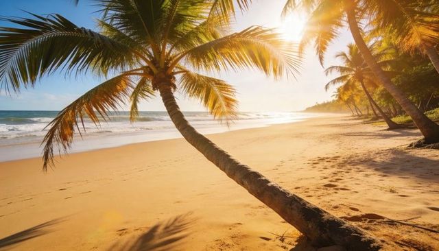 Leaning palm tree casting long shadows on golden tropical beach with sunlit shoreline