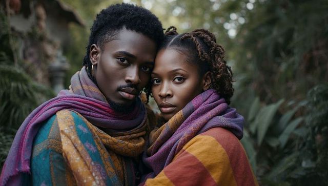Romantic couple in garden wearing colorful shawls
