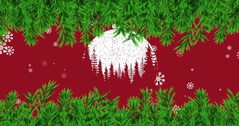 Festive Fir Tree Branches on Red Christmas Pattern Background