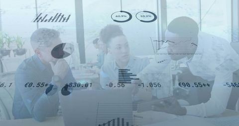 Business team collaborating with analytical data overlays