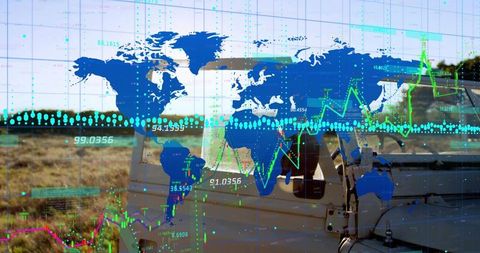 World map on aircraft fuselage with data visualization charts
