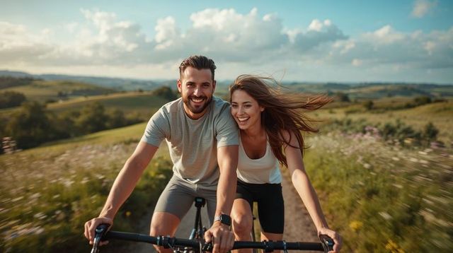 Young couple cycling on dirt trail through rolling countryside at golden hour