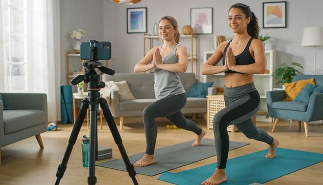 Women Practicing Home Yoga Together While Filming Workout with Smartphone Tripod