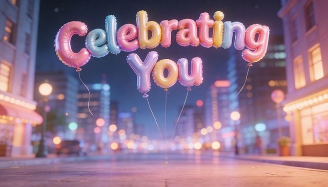 Floating celebrating you foil letter balloons over neon city street at night
