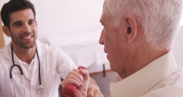 Picture illustrating a physiotherapist assisting a senior patient with exercise therapy. Ideal for healthcare, rehabilitation, elderly care, and recovery concepts. Useful for websites, brochures, and educational materials emphasizing patient-focused care and physical therapy.