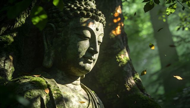 Moss-covered buddha statue bathing in sunlit forest with drifting leaves and aged patina