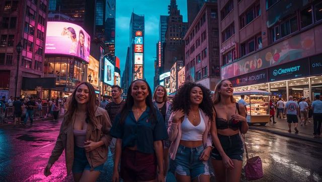 Young women walking through neon-lit city at dusk, laughing and enjoying urban nightlife
