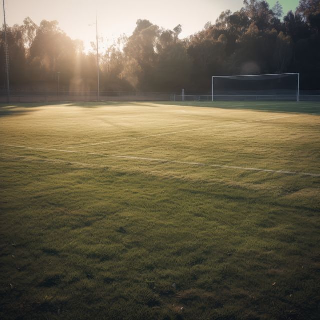 Serene empty soccer field with goalposts illuminated by the golden light of sunset. This scene evokes a feeling of peace and tranquility. Ideal for emphasizing themes of outdoor activity spaces, solitude in sports, and the beauty of nature. Can be used for advertisements, sports event promotions, calendar images, and motivational posters.