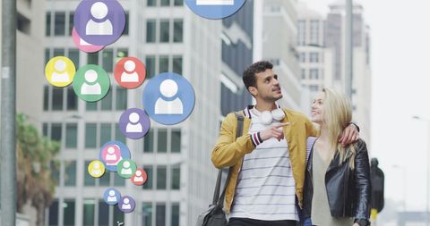 Couple Enjoying City Walk with Social Media Integration