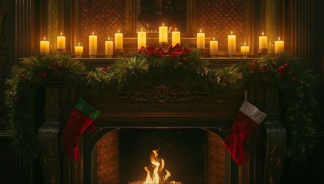 Cozy Holiday Fireplace Mantel with Candles Garlands and Red Stockings