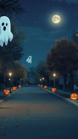Vertical video showing floating sheet ghost and glowing jack-o'-lanterns on moonlit neighborhood str