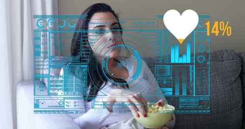 Woman on Sofa Analyzing Data with Futuristic Interface Animation