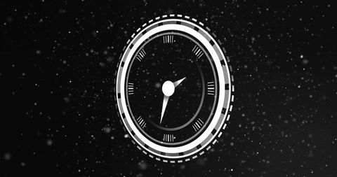 Rotating futuristic monochrome gauge dial with roman numerals and particle field