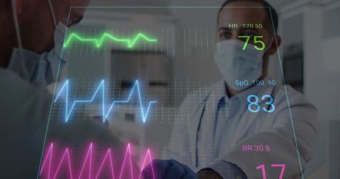 Doctors Analyzing Vital Sign Waveforms on High-Tech Panel