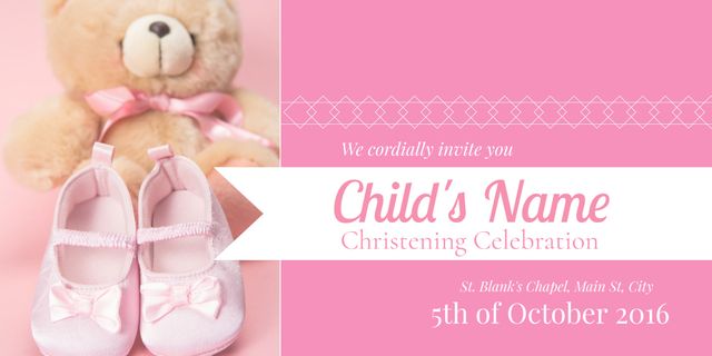 Pink Christening Invitation with Teddy Bear and Baby Shoes - Download Free Stock Templates Pikwizard.com