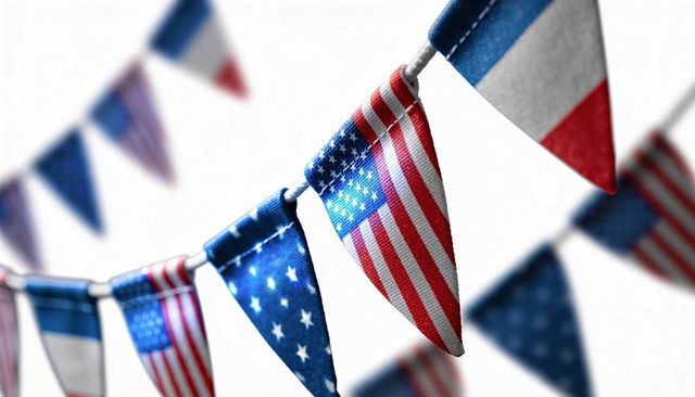 Displaying patriotic pennant bunting with stitched red white blue stars and stripes
