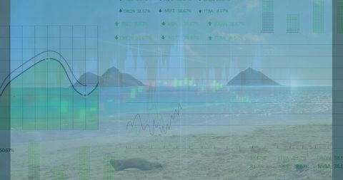 Translucent financial dashboard over coastal panorama