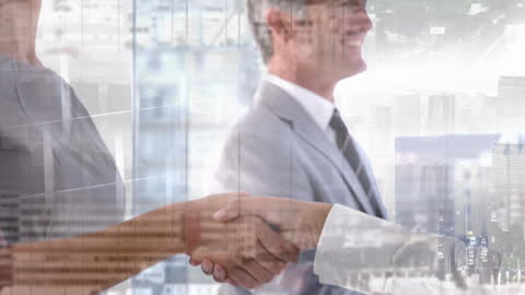 Double Exposure of Business Handshake and City Skyline