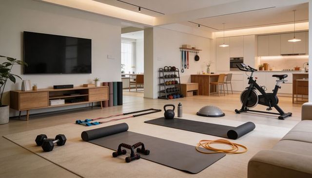 Open-plan living room with minimalist home gym, exercise bike, mats and dumbbells
