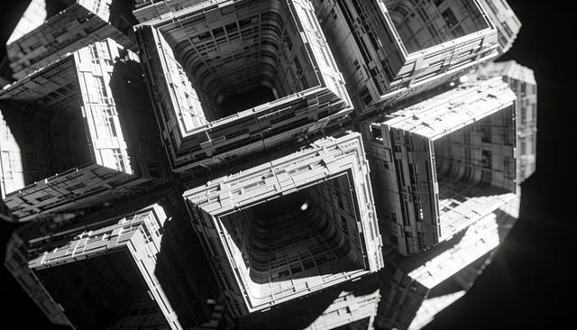 Monochrome modular megastructure rotating in void, geometric cubes and architectural frames