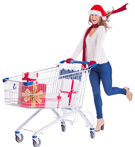 festive woman cheerfully pushing christmas gift-filled shopping cart transparent - Download Free Stock Videos Pikwizard.com
