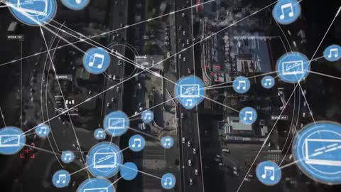 Overlay of Digital Icons on Bustling Urban Landscape