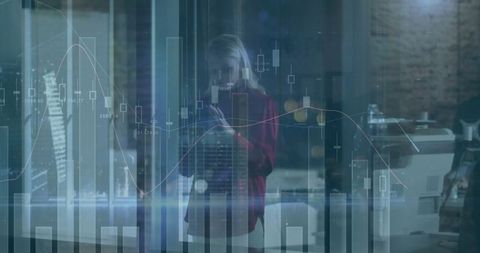 Businesswoman With Financial Charts Hologram Mid Analytics