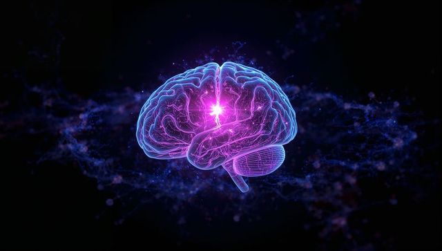 Glowing Neon Brain Emitting Magenta Neural Spark, Holographic Network Tracing Cerebellum