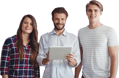 Transparent group of professionals standing with tablet smiling