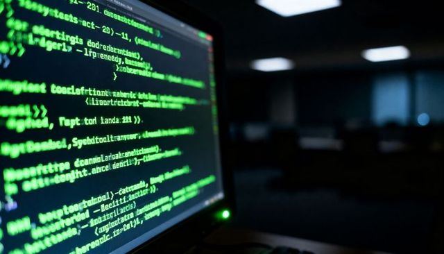 Green terminal code glowing on desktop monitor in dim office with blurred background