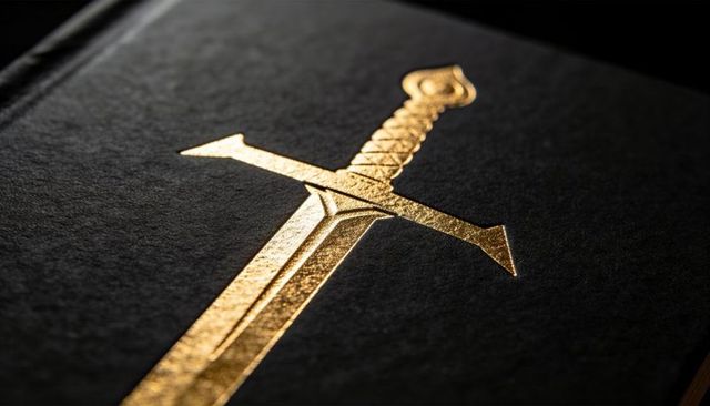 Golden sword emblem embossed on black hardcover, shining metallic foil and textured binding