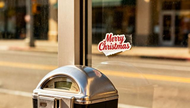 Sunlit parking meter reflecting merry christmas sticker on storefront window