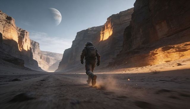 Astronaut walking through sunlit canyon on alien desert planet under distant moon