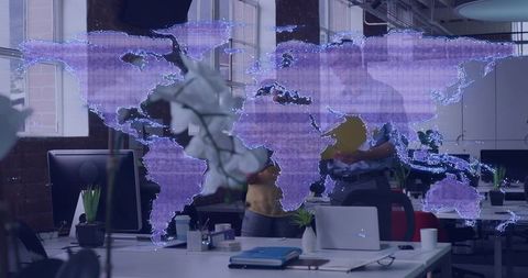 Global data collaboration in modern office with holographic world map and colleagues