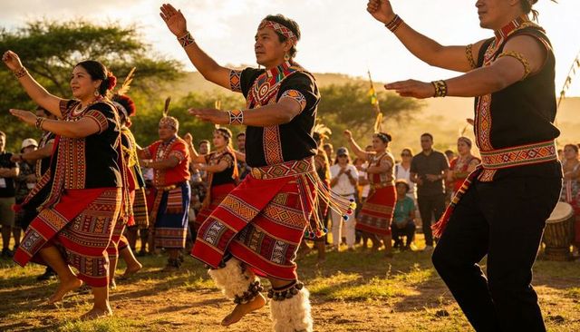 Community dancers celebrating sunrise festival in colorful beaded traditional attire
