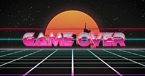 Retro Game Over Message with Digital City Background