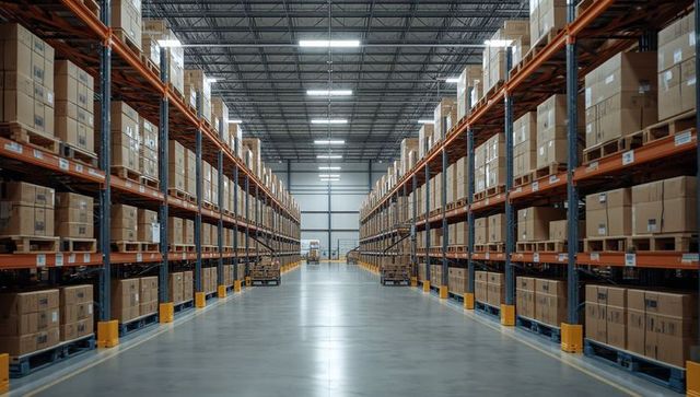 Leading central aisle drawing eye into warehouse with pallet racking and stacked boxes