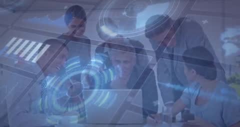 Business Team Analyzing Holographic Data Visualization