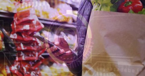 Using smartphone for grocery shopping with augmented reality hud and fresh produce