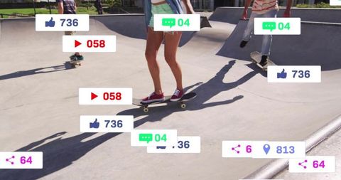Female skater riding and carving sunlit skate bowl with social media icons overlay