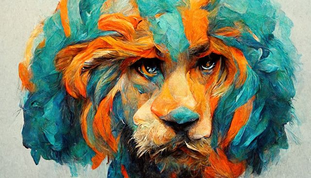 Colourful stylised lion portrait on grey background, created using generative ai technology. Lion, wild animal and stylised portrait concept digitally generated image.