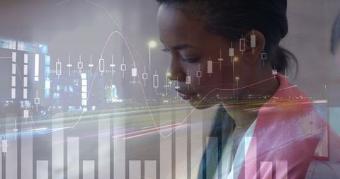 Businesswoman Analyzing Financial Data on City Background