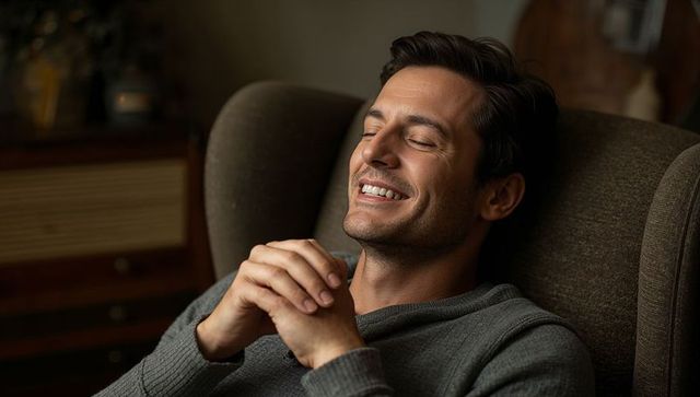 Smiling man reclining in cozy armchair wearing grey knit sweater, eyes closed, relaxed