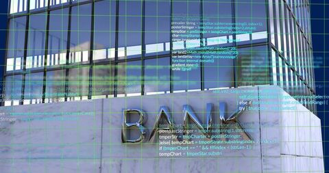 Bank facade with chrome letters, glass curtain wall, marble plinth and green grid overlay