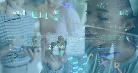 businesswoman interacting with digital financial infographic overlay - Download Free Stock Images Pikwizard.com